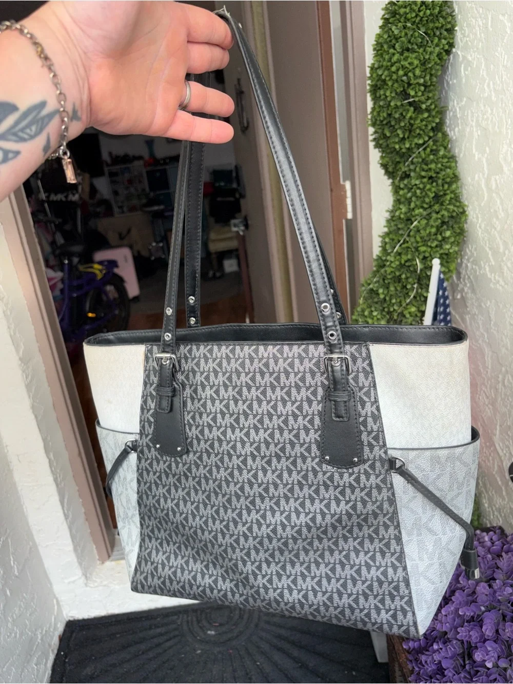 Michael Kors Black and metallic silver MK Logo Tote with matching wallet set